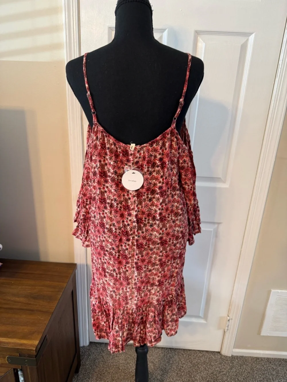 En Creme Red Floral Mini Dress with Cold-Shoulder Detail